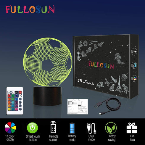 FULLOSUN Kids Night Light Soccer 3D Optical Illusion Lamp with Remote Control 16 Colors Changing Football Birthday Xmas Valentine's Day Gift Idea for Sport Fan Boys Girls