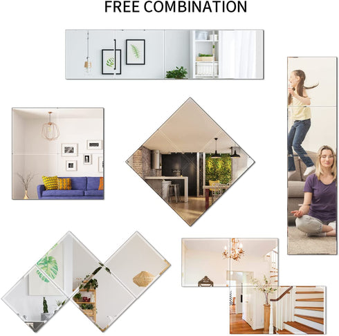 Full Length Wall Mirror Tiles, 4PCS 11x11 Inch Adhesive Full Body Mirror, Glass Mirror for Bedroom Living Room Dorm Home Gym