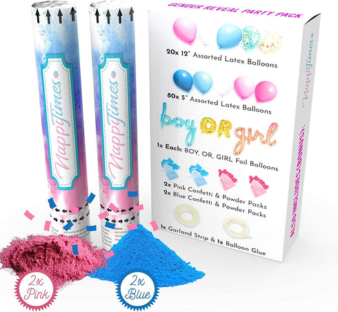 Nappy Times Baby Gender Reveal Party Supplies 2x Pink OR 2x Blue Fillable Gender Reveal Confetti Cannon | Easy to Set Up Gender Reveal Decorations with Pink and Blue Gender Reveal Balloons