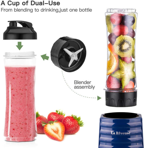La Reveuse Smoothies Blender 300 Watt with 18 oz BPA Free Portable Travel Sports Bottle (Navy)