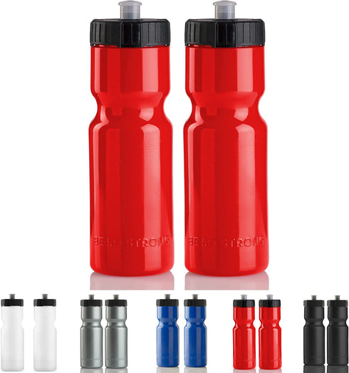 50 Strong Sports Squeeze Water Bottle 2 Pack – 22 oz. BPA Free Easy Open Push/Pull Cap – USA Made (Red)