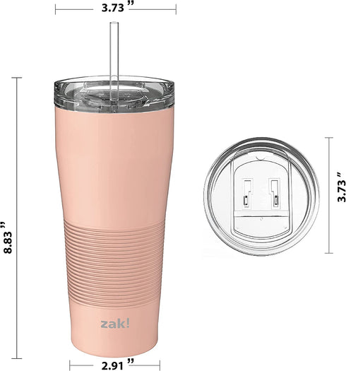 Zak Designs Lynden 28 oz Vacuum Insulated 18/8 Stainless Steel Travel Tumbler with Splash-Proof Lid, Includes Reusable Plastic Straw and Fits in Car Cup Holders, Misty Rose