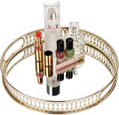 Hipiwe Mirror Vanity Tray - Round Metal Makeup Tray Jewelry Trinket Tray, Cosmetic Perfume Tray for Dresser Bathroom Bedroom Countertop Organizer Tray