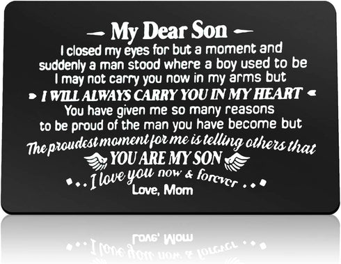 Son Gifts from Mom Engraved Wallet Insert Card for Son Christmas Birthday Gifts Inspirational Gifts for Son Graduation Gifts Wedding Day Gifts Encouragement Gifts for Son