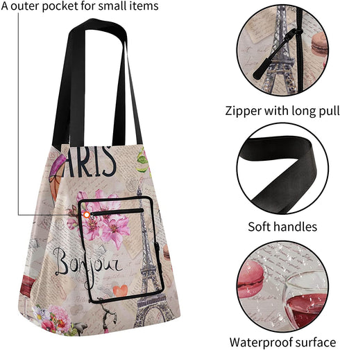 ALAZA Eiffel Tower Pink Flowers Bicycl French Paris Reusable Handle Grocery Tote Bag Foldable
