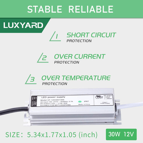 UL Certified LED Driver 12v 30W Waterproof IP67 Class 2 LED Power Supply Transformer 100V-277V AC to 12V DC Low Voltage Output for LED Light Outside(30W-12V)