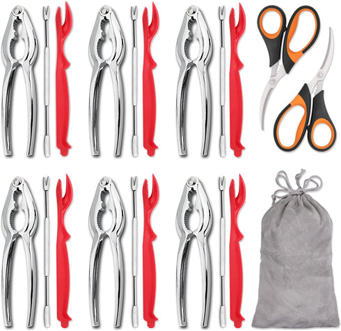 Hiware 19-piece Seafood Tools Set includes 6 Crab Crackers, 6 Lobster Shellers, 6 Crab Leg Forks/Picks and 1 Seafood Scissors & Storage Bag - Nut Cracker Set