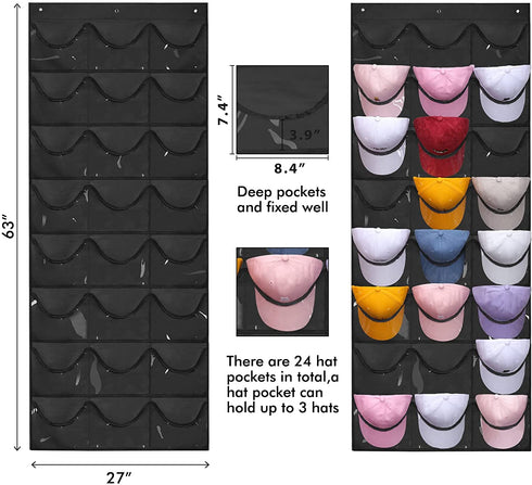 Melpler Hat Rack Hat Organizer,Hat Racks for Baseball Caps,Hat Organizer for Baseball Caps,Hat Storage with 24 Clear Deep Pockets,Hat Rack for Wall/Door Complete with Over Door Hooks(Black)