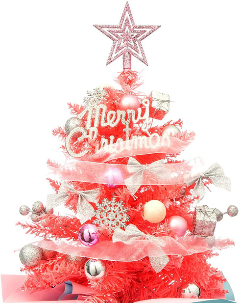 20'/50cm Mini Pink Christmas Tree,Artificial Small Christmas Tree with Led Lights/Ornaments, Tabletop Christmas Tree for Kids Christmas Decoration Gifts(Pink)