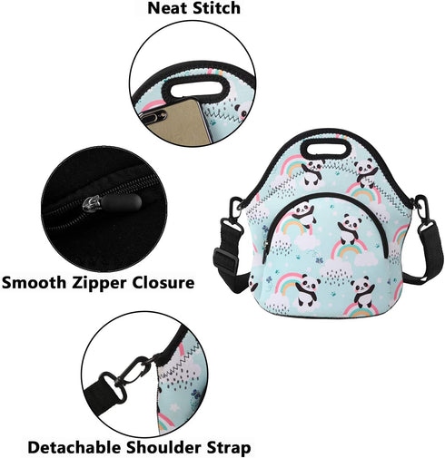 Violet Mist Neoprene Thermal Insulated Lunch Tote Bag Soft Large with Extra Pocket Detachable Adjustable Shoulder Lunchbox Handbags Women men (Rainbow Panda)