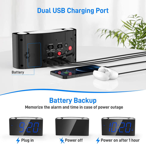 Loud Alarm Clock for Heavy Sleepers Hearing Impaired Adults, Vibrating Bed Shaker Alarm Clock with 2 USB Chargers,7 Color Night Light, 0-100% Dimmer & Battery Backup, Digital Clock for Teens Kids