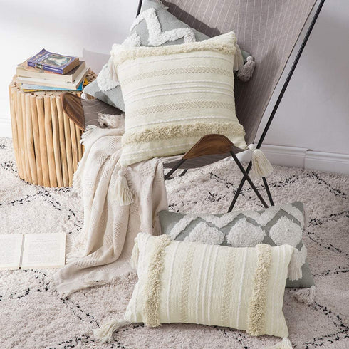 MIULEE Decorative Throw Pillow Cover Tribal Boho Woven Tufted Pillowcase with Tassels Super Soft Pillow Sham Cushion Case for Sofa Couch Bedroom Car Living Room 12X20 Inch Cream White