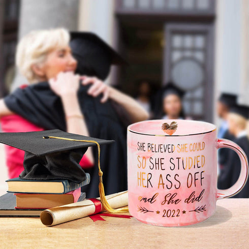 VILIGHT 2022 Graduation and Congratulations Gifts for Her - Presents for College Nurse Graduated Women - She Believed She Could So She Did - Pink Marble Ceramic Coffee Mug 11 Oz