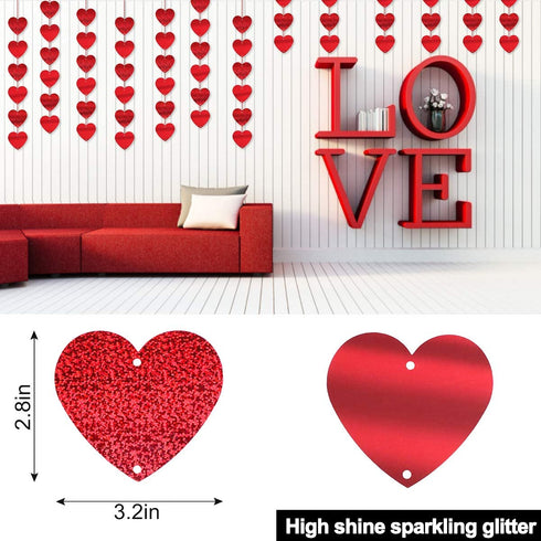 90 Hearts Valentines Day Heart Banner Felt Red Heart Shape Hanging String Garland Party Decor Valentines Day Decorations for Wedding Anniversary Birthday Home Valentines Party Supplies(15 Pcs)