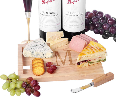 Monogram Oak Wood Cheese Board With Spreader,V-Initial (V)