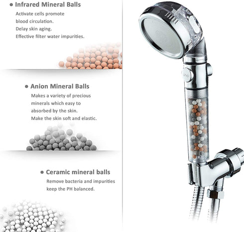 KAIREY Zen Shower Head with Beads On/Off,3 Function High Pressure Water Saving Filtered Handheld Ionic Showerhead,Anion Energy Ball Purifying Water Shower ,with 60 Inch Shower Hose and Bracket