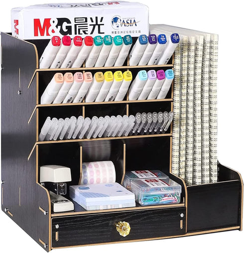 YCOCO Upgraded Wooden Pencil Holder, Pen Organizer for Desk with 15 Compartments,Drawer, Desktop Stationary Storage Organizer Caddy,Black