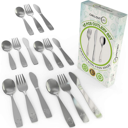 15 Piece Stainless Steel Kids Silverware Set - Child and Toddler Safe Flatware - Kids Utensil Set - Metal Kids Cutlery Set Includes 5 Small Kids Spoons, 5 Forks & 5 Knives