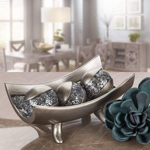 Schonwerk Silver Decorative Orbs for Bowls and Vases (Set of 3) Resin Sphere Balls for Living, Dining Room, Coffee Table Centerpiece Decor - Great Gift Idea (Crackled Mosaic)