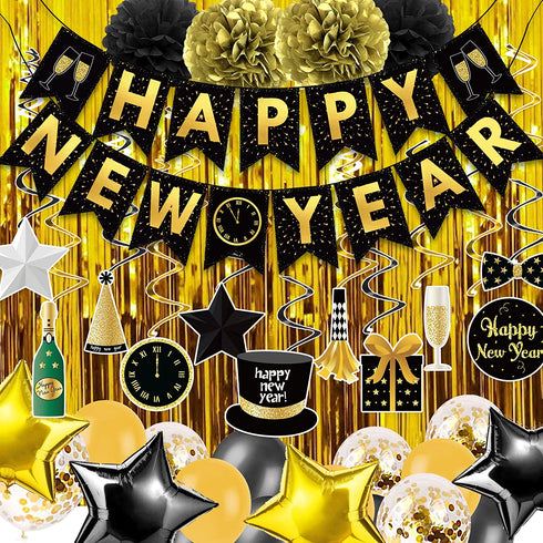 Funnlot 109 PCS Happy New Year Decorations 2022 New Years Eve Decorations Happy New Year Banner New Years Decorations 2022 Black and Gold New Years Party Decor