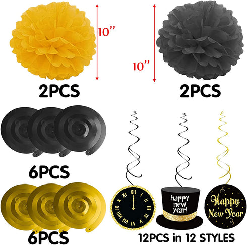 Funnlot 109 PCS Happy New Year Decorations 2022 New Years Eve Decorations Happy New Year Banner New Years Decorations 2022 Black and Gold New Years Party Decor