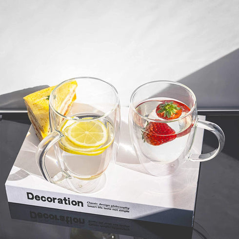 Double Walled Glass Coffee Mugs Glass Mug With Handles Double Wall Cappuccino Cups, 12oz Of Set 2 Coffee/tea Mugs, Clear Glasses With Handle