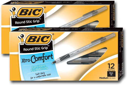 Bic Ultra Round Stic Grip Ball Point Pens, Medium Point, 1.2 mm, Black Ink (24 Pens)