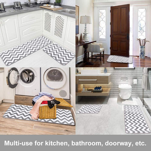 Carvapet 2 Pieces Microfiber Chevron Non-Slip Soft Kitchen Mat Bath Rug Doormat Runner Carpet Set, 17"x48"+17"x24", Grey