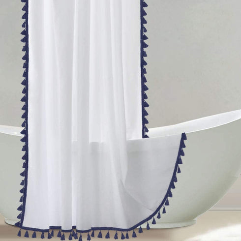 Uphome Tassel Shower Curtain, White Fabric Shower Curtain with Blue Fringe Trims, Vintage Boho Chic Cloth Shower Curtains for Bathroom Showers, 72 x 72