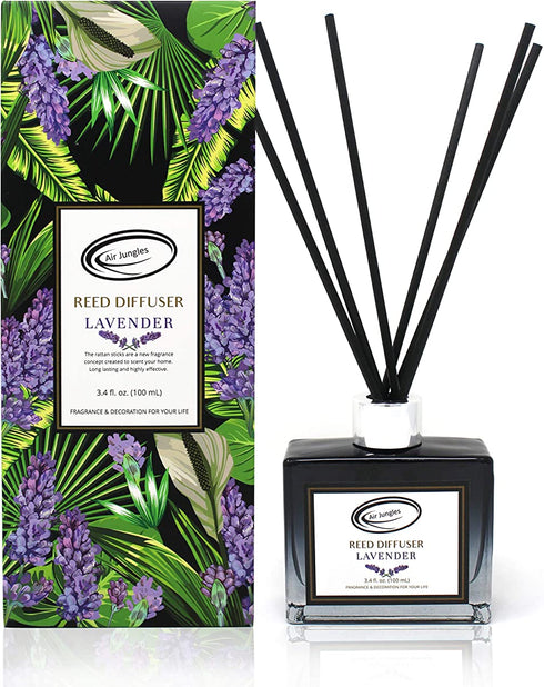 Air Jungles Lavender Scent Reed Diffuser Set with Sticks, Essential Incense Oil Air Freshener for Bathroom, Office, Gym, and Bedroom Fragrance, 3.4 fl. oz