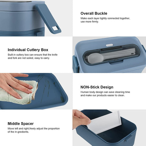 HSYTEK Bento Lunch Box Set Portable , 2 Layer Japanese Lunch Box, Meal Prep Lunch Container with Utensil & A Tote Drawstring Insulated Lunch Bag(Blue)