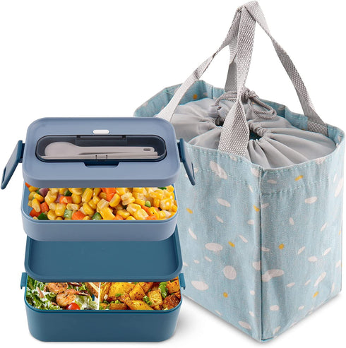 HSYTEK Bento Lunch Box Set Portable , 2 Layer Japanese Lunch Box, Meal Prep Lunch Container with Utensil & A Tote Drawstring Insulated Lunch Bag(Blue)