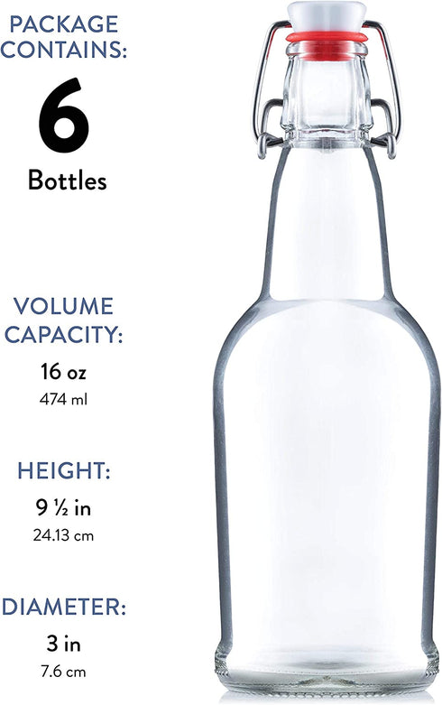 Glass Swing Top Beer Bottles - 16 Ounce (6 Pack) Grolsch Bottles, with Flip-top Airtight Lid, for Carbonated Drinks, Kombucha, 2nd Fermentation, Water Kefir, Clear Brewing Bottle.