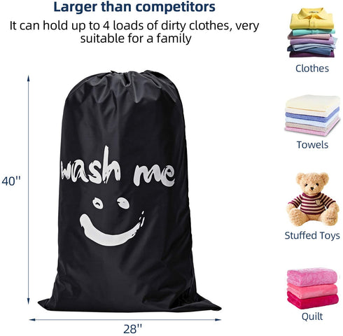 NICOGENA Wash Me Laundry Bag 2 packs, 28x40 inches Rips & Tears Resistant Large Dirty Clothes Storage Bag, Machine Washable, Heavy Duty Laundry Hamper Liner for College Students, Black