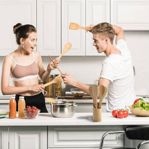 Wooden Spoons for Cooking Organic Bamboo Kitchen Utensils Set 8 Pcs Housewarming Gift New Apartment Essentials Slotted Serving Spoons Spatula Tong Tools for Nonstick Cookware with Holder
