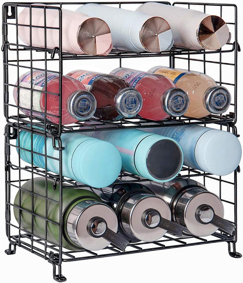 X-cosrack Adjustable Water Bottle Organizer,4-Tier Wall-Mounted Water Bottle Holder, Stackable Water Bottle Storage Rack for Kitchen Countertops,Pantry, Cabinet,Black(Patent Pending)