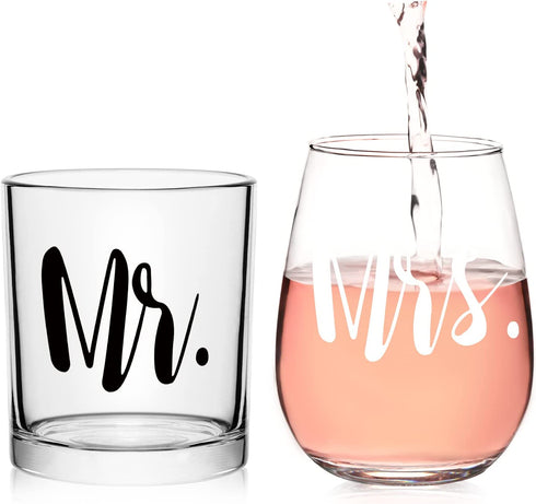 Futtumy Mr & Mrs Whiskey Glass and Stemless Wine Glass Gift Set, Valentines Day Gift for Mr Mrs Couple Husband Wife Bride Groom, Unique Glass Set Idea for Valentines Day Birthday Christmas Wedding