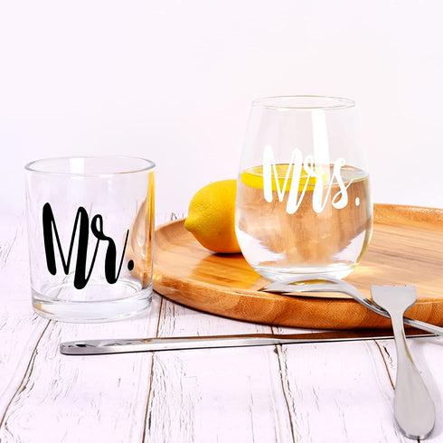 Futtumy Mr & Mrs Whiskey Glass and Stemless Wine Glass Gift Set, Valentines Day Gift for Mr Mrs Couple Husband Wife Bride Groom, Unique Glass Set Idea for Valentines Day Birthday Christmas Wedding