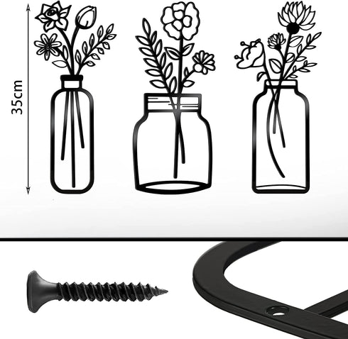Hotop 3 Pieces Metal Vase Flowers Wall Art Flower in Vase Hanging Iron Wall Decoration Vase Flowers Interior Decor Natural Themed Metal Wall Art for Home Indoor and Outdoor Lovers
