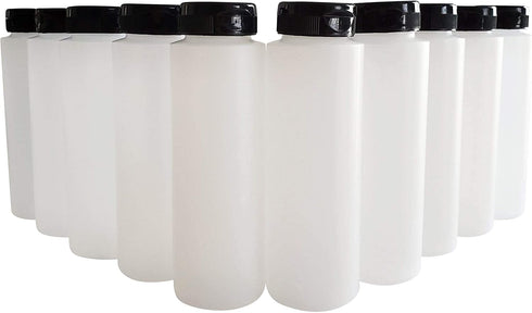 kelkaa 8oz HDPE Plastic Squeeze Bottles with Wide Mouth Opening, Black Flip Top Caps for Condiments and Any Thick Liquid Products, Multi Purpose Refillable Empty Bottles (Pack of 10)