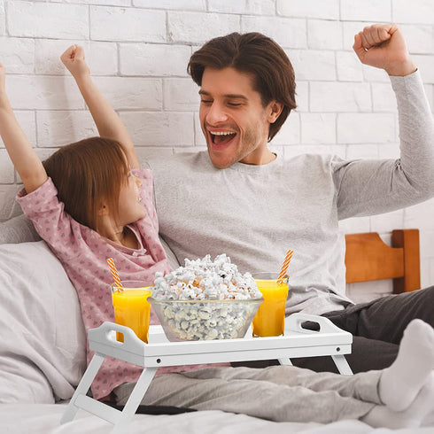 Bed Tray Table Folding Legs with Handles Breakfast Food Tray for Sofa,Bed,Eating,Drawing,Platters Serving Lap Desk Snack Tray (White Small)