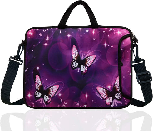 14-Inch Neoprene Laptop Shoulder Messenger Bag Case Sleeve for 13 13.3 14 14.1" Inch Notebook/Chromebook (Purple Butterfly)