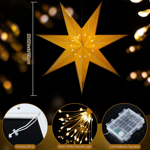 Paper Star Lantern, 8 Mode 50 LEDs Firework Fairy String Lights, Light up Hollow Out Star Hanging Decoration for Indoor Outdoor Room Wedding Christmas Party (Classic Style)