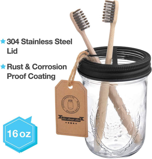Mason Jar Bathroom Accessories Set 4 - Mason Jar Soap Dispenser & 2 Apothecary Jars & Toothbrush Holder - Rustic Farmhouse Restroom, Bathroom Home Decor Clearance, Countertop Vanity Organizer, Black