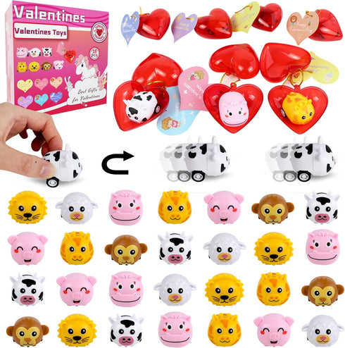 Pull Back Cars, 28 Pack Friction Powered Pull Back Car Toys+30 Valentine Cards+28 Prefilled Hearts, Kids Valentines Gifts Party Favors Set, Valentine Toys for Kids Classroom Exchange
