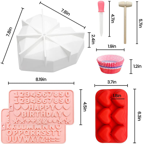 Heart Silicone Molds Chocolate Breakable Heart Mold Diamond Heart Shaped Candy Molds w/ Cupcake Liners Wooden Hammer Number Letter Molds for Chocolate Baking-Gifts for Birthday Anniversary Wedding