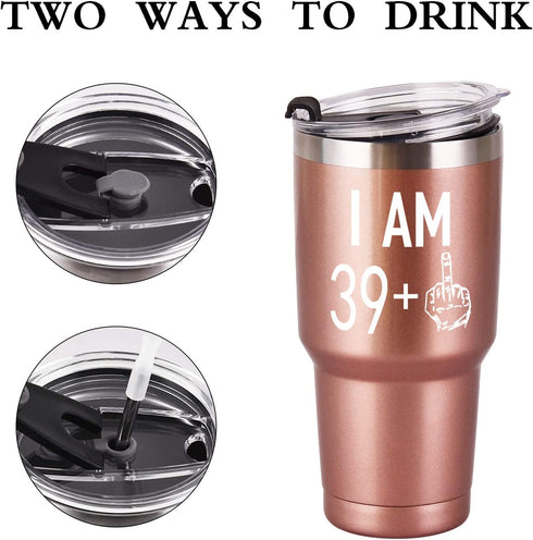 39 Plus One Middle Finger Mug Tumbler for Men Women, Funny Turning 40 Years Old Bday Tumbler Idea for Wife Friends Sister Coworker, 30 Oz Stainless Steel Insulated Travel Tumbler, Rose Gold