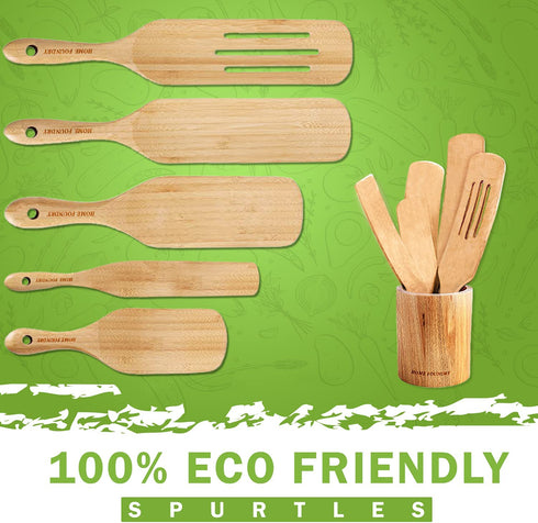 Bamboo Spurtle Set Pack of 6, Kitchen Spatula Set, Bamboo Utensils for Cooking, Bamboo Spoons for Cooking with Holder and Box Packaging, Spatulas for Nonstick Cookware