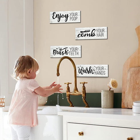 rabbitable 4 Pieces Farmhouse Bathroom Wall Decor,Wash Your Hands Brush Your Teeth Comb Your Hair ,Rustic Wooden Bathroom Wall Arts Decoration Bathroom Funny Sign