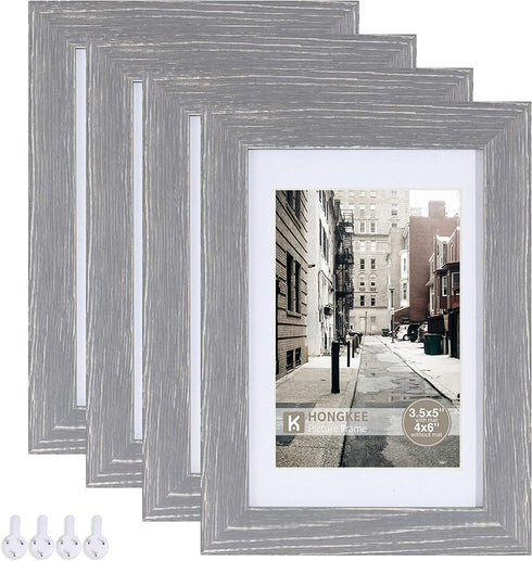 Hongkee 4x6 Picture Frame,Made of Solid Wood and High Definition Glass,Set of 4 Washed Grey(HK012015-SD4X6-WG(4PK))